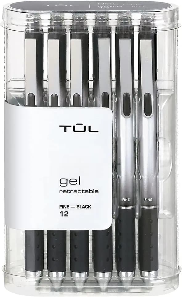 TUL Retractable Gel Pens, Fine Point, 0.5 mm, Gray Barrel, Black Ink, Pack Of 12 Pens