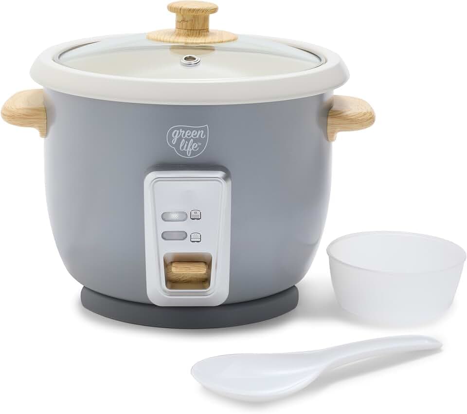 GreenLife Rice Cooker, 3-Cups Uncooked/6-Cups Cooked, Gray