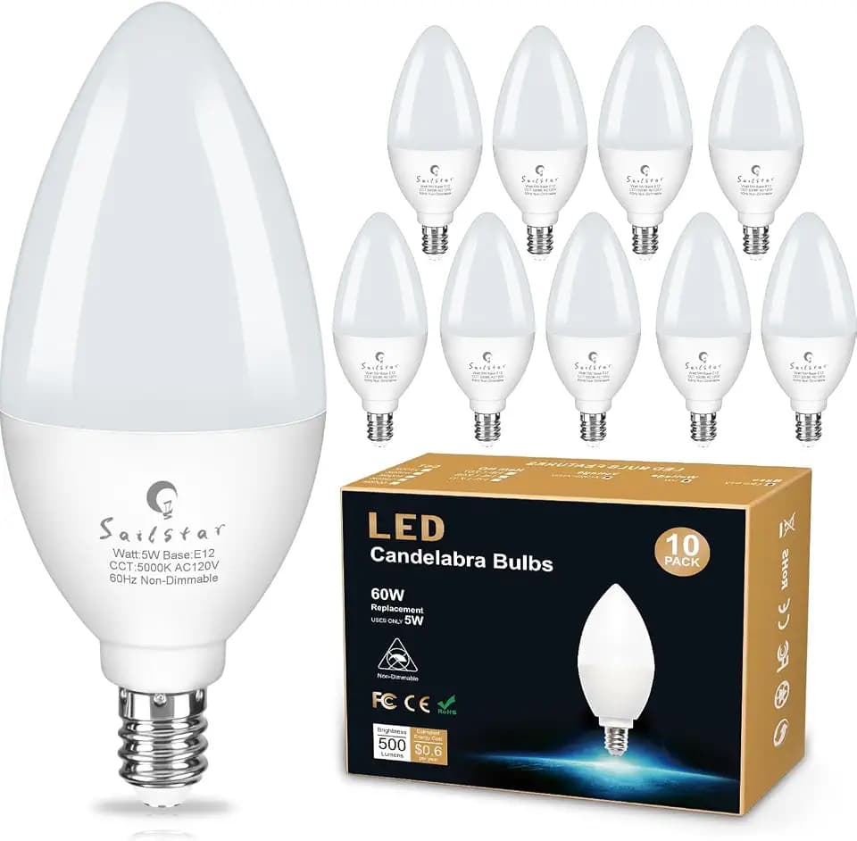 Candelabra Light Bulbs 60 Watt Equivalent, 5000K Daylight, 5W E12 Small Base Type B LED Bulbs, 500 Lumens, Chandelier Ceiling Fan Light Bulbs, CRI 85, Non-dimmable, Pack of 10