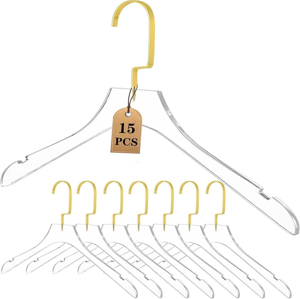 Besser Acrylic Clear Hangers 15 Pack,Acrylic Hanger Premium Quality Crystal Clear Hangers with Gold Hooks Luxury Dress Suit Hangers(Gold Hook)