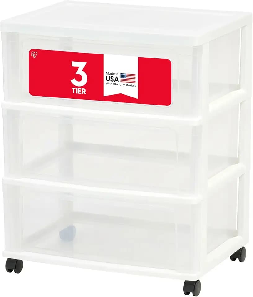 IRIS USA 3-Drawer Wide Storage Cart with Wheels, Organizer, White