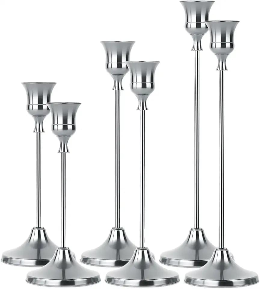 2 Sets(6 Pcs) Silver Tapered Candle Holder,Candlestick Tall Metal Candlestick Holders for Table Centerpiece Home Decor for Wedding Fireplace Mantel Housewarming Gift Fits 3/4 Inch Thick Candles