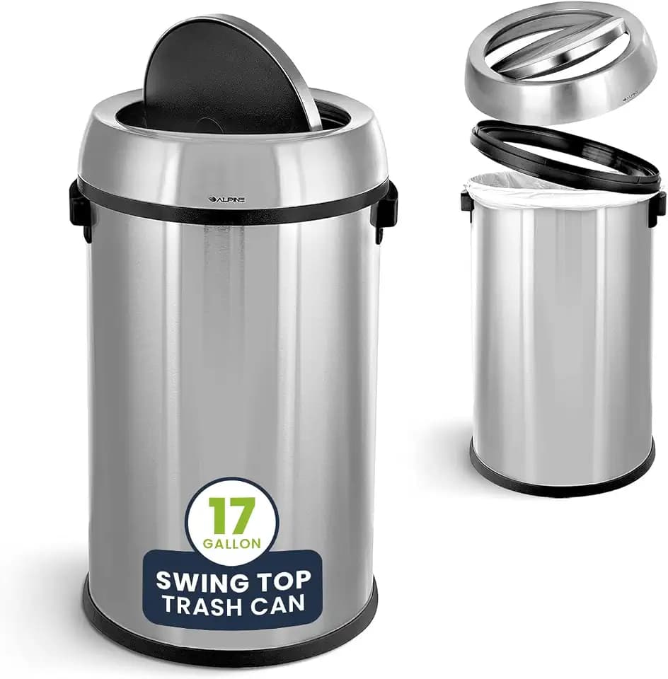 Alpine 17-Gallon Stainless Steel Swing Top Trash Can – Commercial Grade Round Garbage Bin with Odor Control Lid, Brushed Finish, Large Capacity for Home, Office & High-Traffic Areas