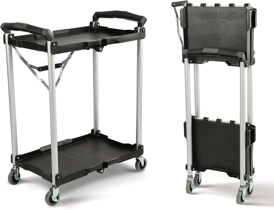 Olympia Tools 89-356 Pack-N-Roll Folding Collapsible Service Cart, Black, 50 Lb. Load Capacity per Shelf, 2-Layers