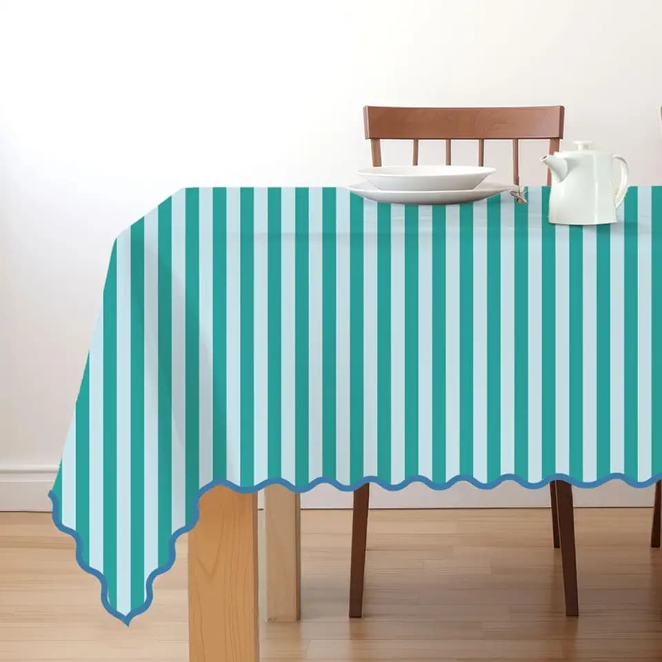 Whaline Striped Tablecloth, Blue Green Scalloped, 55 x 70 Inch
