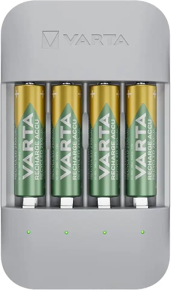 VARTA Akku Ladegerät, inkl. 4x AA 2100mAh, Batterieladegerät für wiederaufladbare AA/AAA Batterien, Eco Charger Pro, Einzelschachtladung, Gehäuse aus 75% recyceltem Material