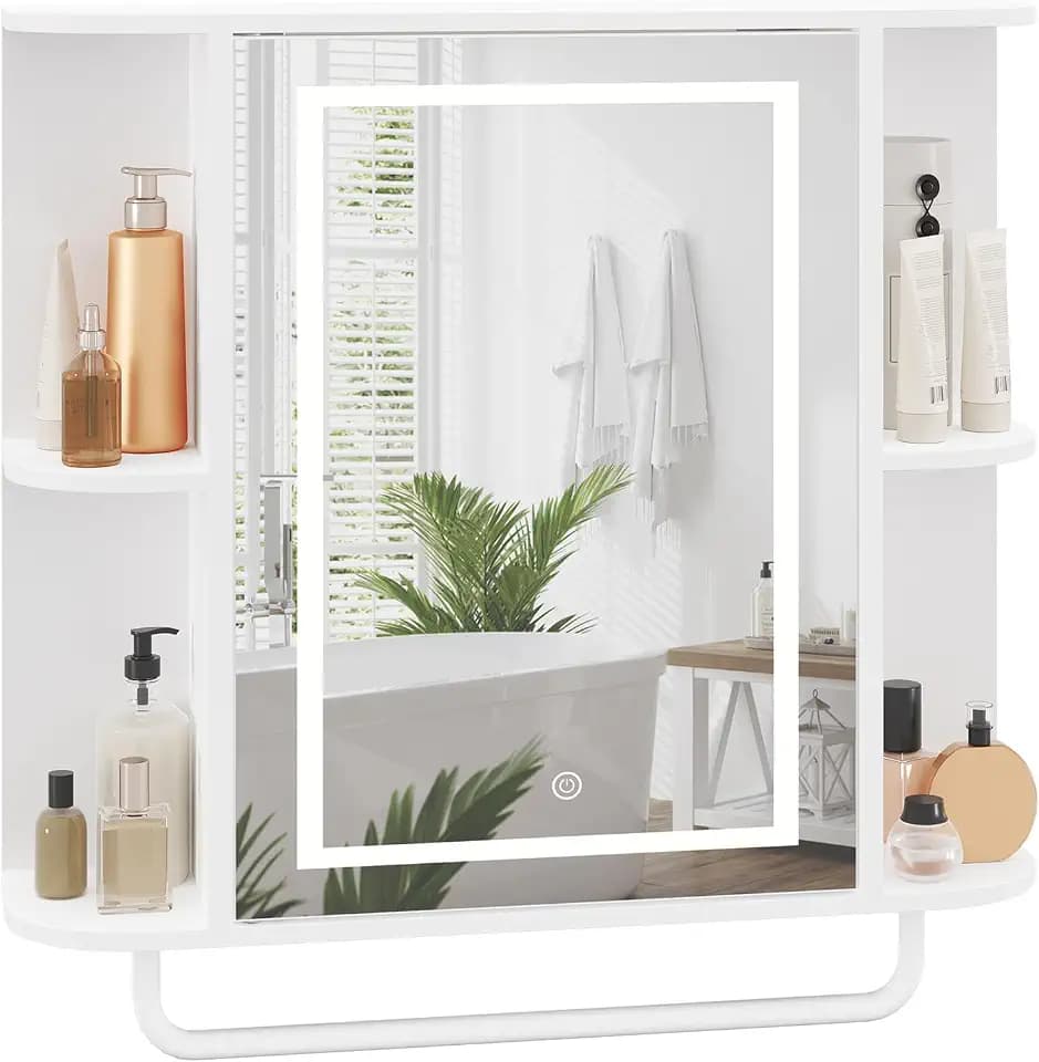 MAHANCRIS Bathroom Wall Cabinet with Mirror, Mirrored Medicine Cabinet with 3 Colors LED Light and 4 Open Shelves, Wall Mounted Storage Cabinets with Adjustable Shelf, 24.7"L x 6.7"W x 26.7"H, White
