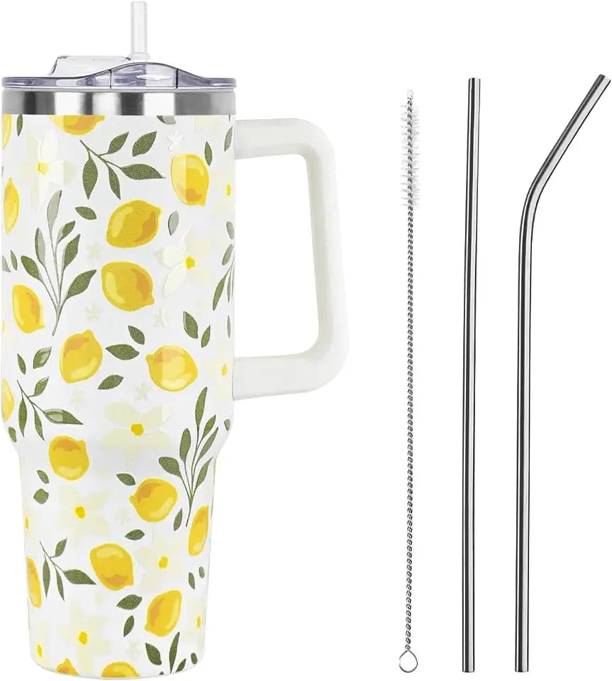 Floral Lemon Tumbler with Handle and Straw Lid 40 oz,Cute Spring Summer Gift for Women Men Lemon Leaves Vacuum Insulated Leak Proof Stainless Steel Coffee Cup Mug