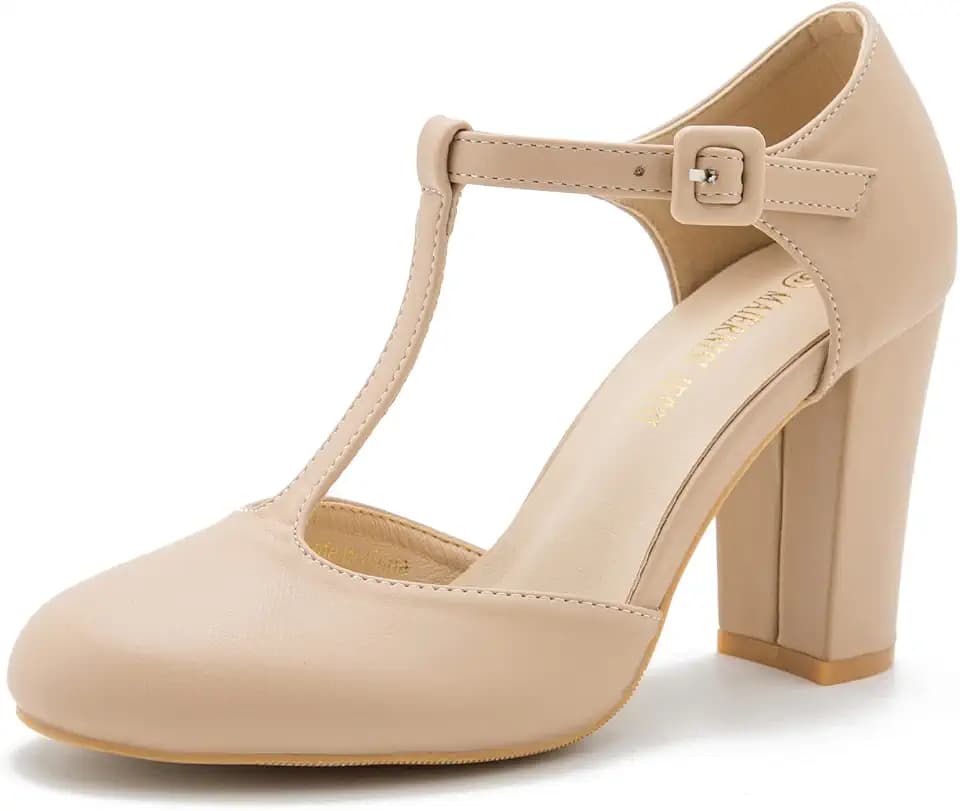 Women's T-Strap Mary Jane Pumps, Chunky Heel, Vintage Style, Cut Out, 3.54 Inch Round Toe Dress Shoes
