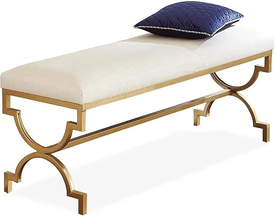 Luxurious Modern Entryway Bench,upholstered End-of-Bed Bench with Abstract Metal Legs,Contemporary Gold Footrest Foot Stool Seating for Entryway, Bedroom Or Living Room