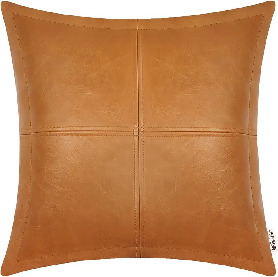 BRAWARM Piped Faux Leather Throw Pillow Cover 18x18 Inches, Tan, 1 PC