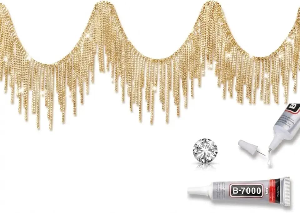 MTLEE Rhinestone Fringe Trim Fringe Belt, 3 Yard, Champagne