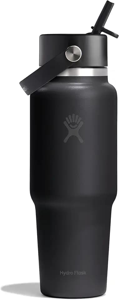 Hydro Flask Travel Water Bottle - Insulated Stainless Steel - Wide Straw Lid, Non Spill, Leakproof in 32 Oz Tonal Black