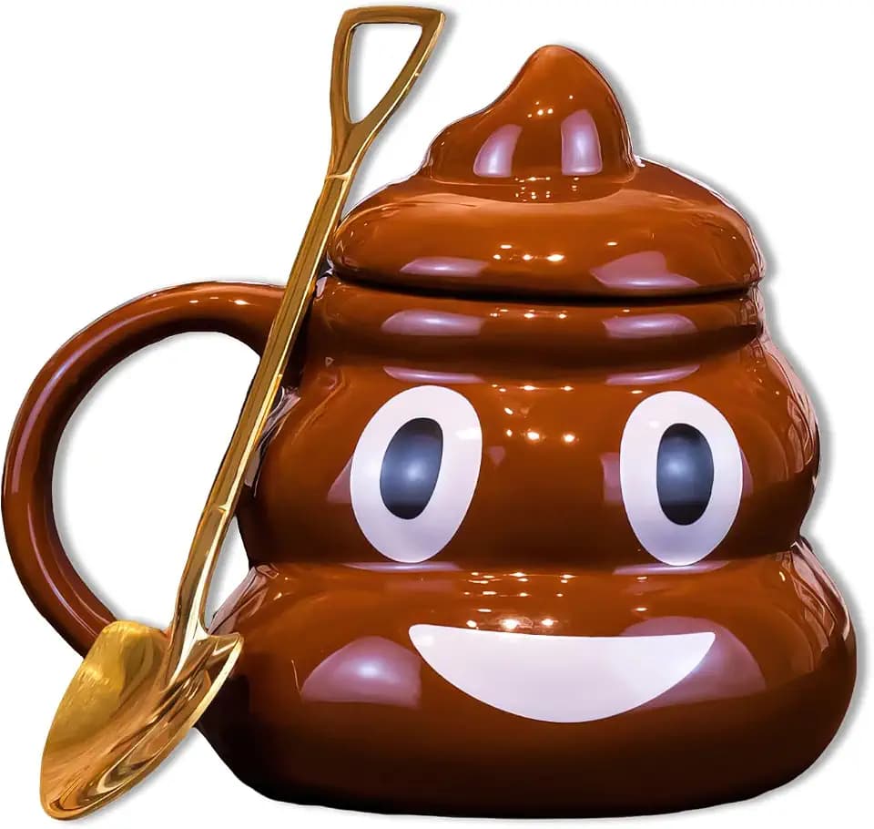 Funny Poop Coffee Mug with Lid and Spoon - Unique Fathers Day Gag Gift for Dad, Grandpa, Men - 14 oz Ceramic Novelty Cup for Birthday, Retirement, White Elephant (Smile Cup)