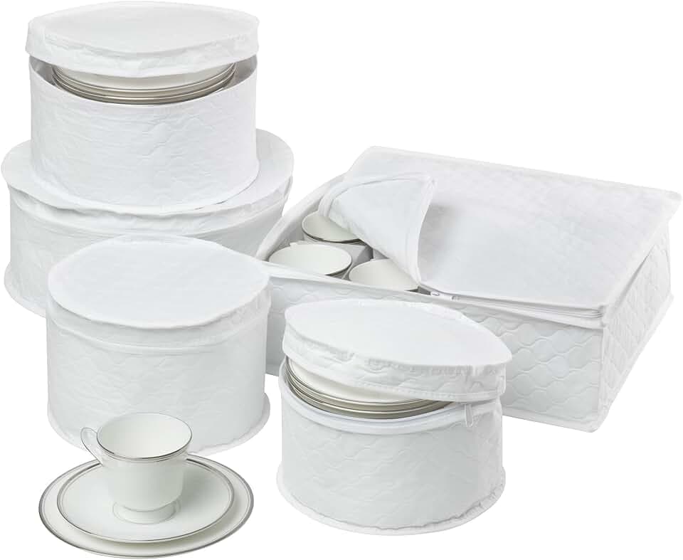 Honey-Can-Do Dinnerware Storage Containers Set, Perfect for Dish Storage, China Storage, and Cup Storage, Quilted Containers to Keep Your Heirlooms and Fine China Protected and Organized, 5-Piece Set