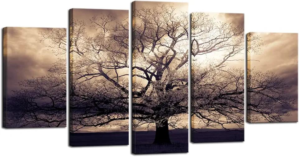sechars - 5 Piece Large Canvas Wall Art Sepia Tree of Life Picture Photo Art Print on Canvas Mysterious Fantasy Forest Artwork for Home Office Living Room Decor Gallery Wrap Ready to Hang