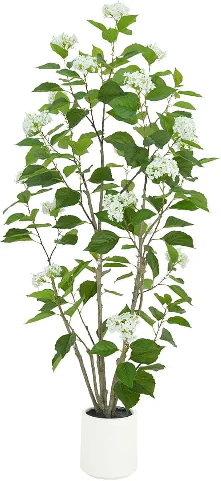 6FT Artificial Hydrangea Tree, 60 White Flowers, White Planter