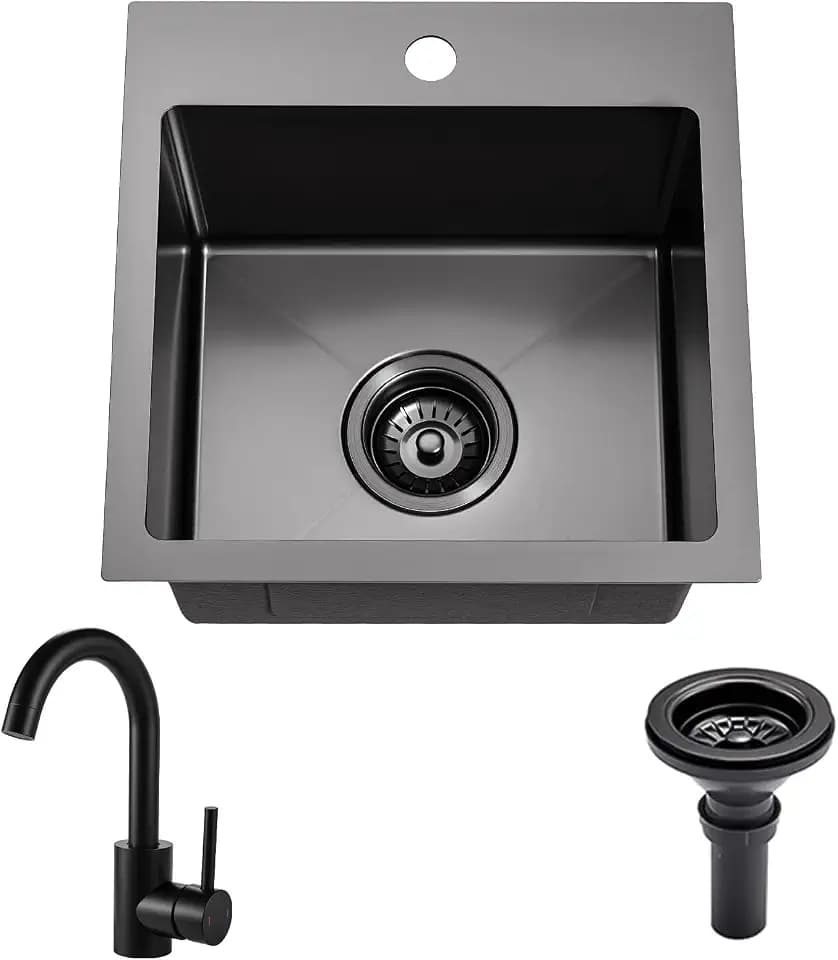Gunmetal Black bar sink 15 inch Drop in Bar Sinks Modern Stainless Steel Small Kitchen Sinks Single Bowl RV Sink with Faucet Combo