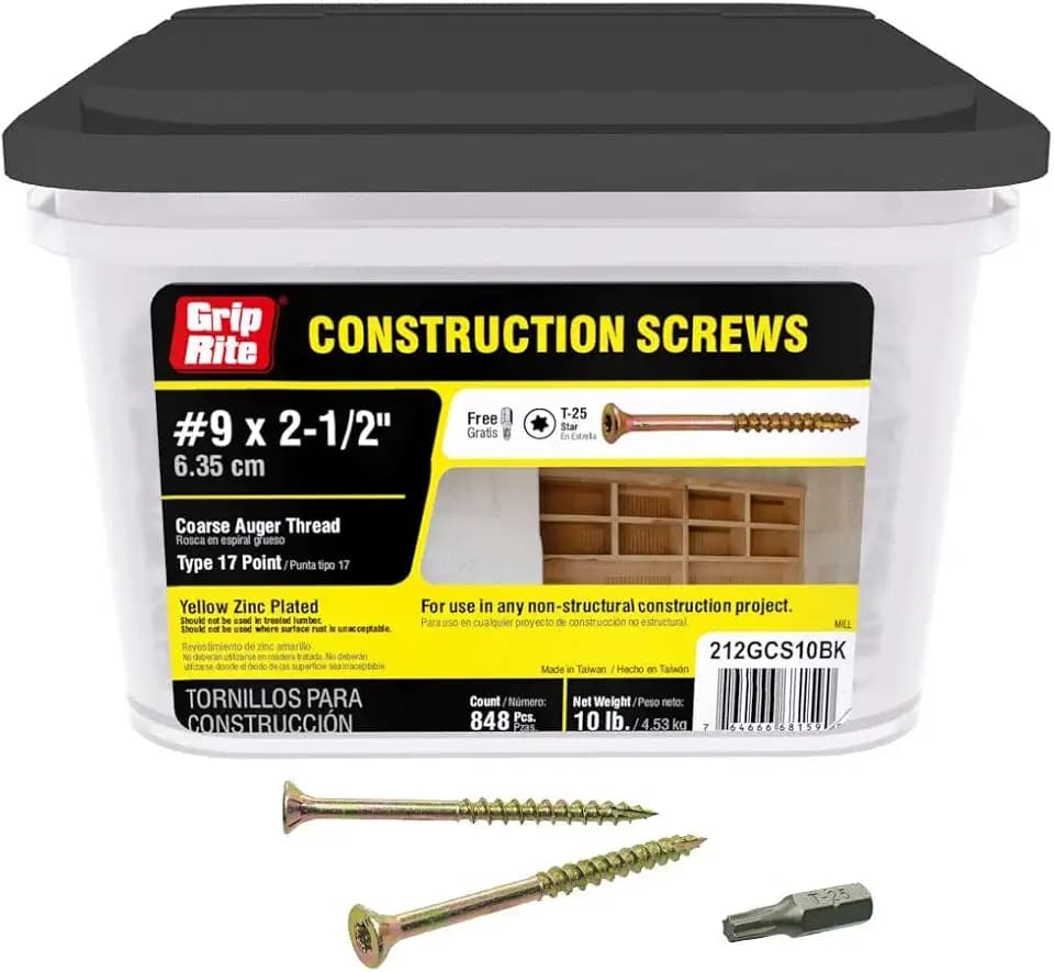 Grip Rite 212GCS10BK #9 by 2-1/2-inch Type 17 Coarse Auger Thread Yellow Zinc Plated T-25 Star Drive Construction Screws 848 Count, 10lbs.