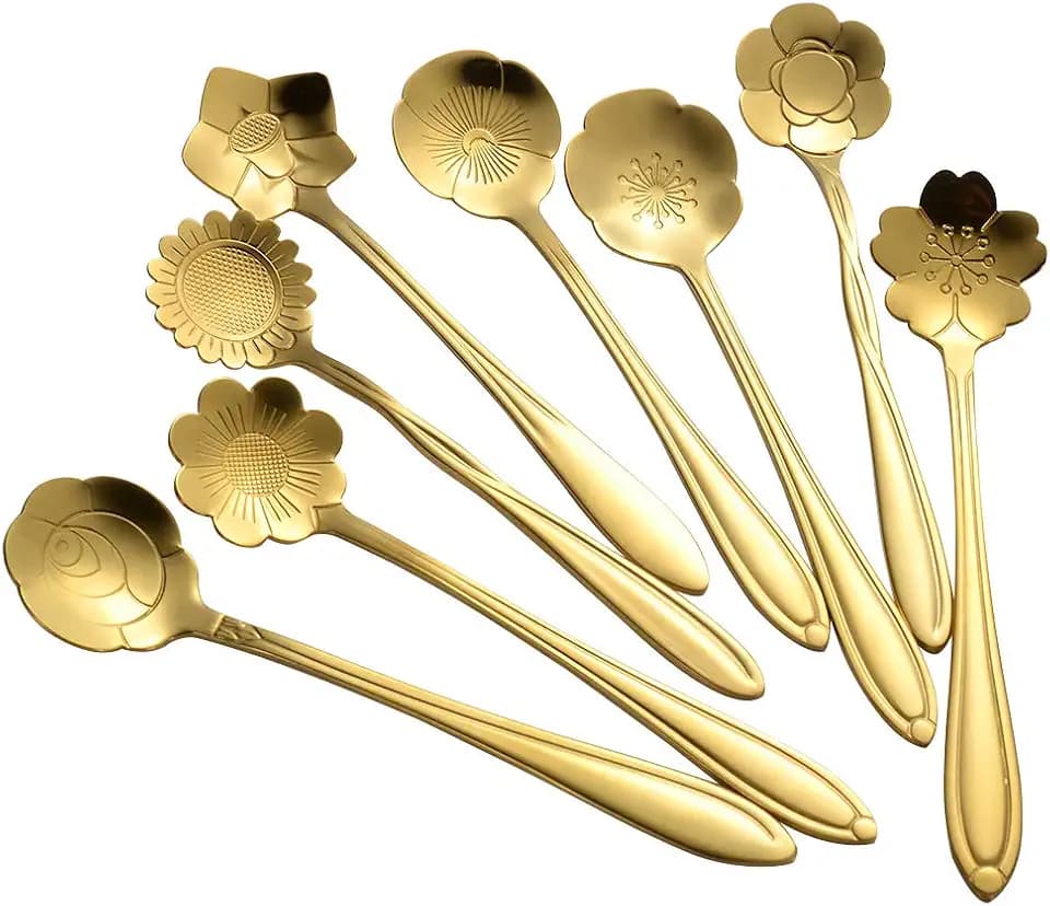 AnSaw 8 Piece Flower Scoop Set, 4.9" Gold Mini Coffee Spoons