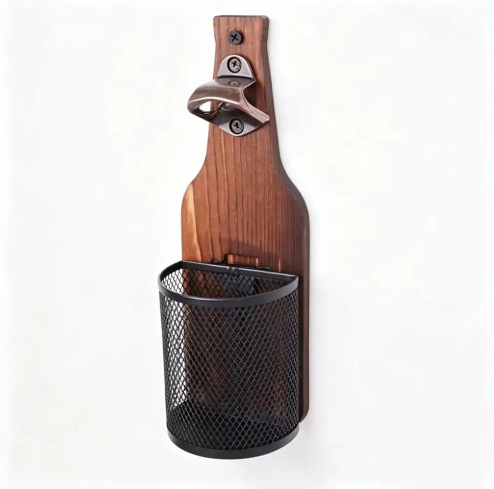 Wall Mounted Beer Bottle Opener, Wooden Bottle Opener With Cap Catcher, Rustic Vintage Opener For Home Bar And Kitchen Decor