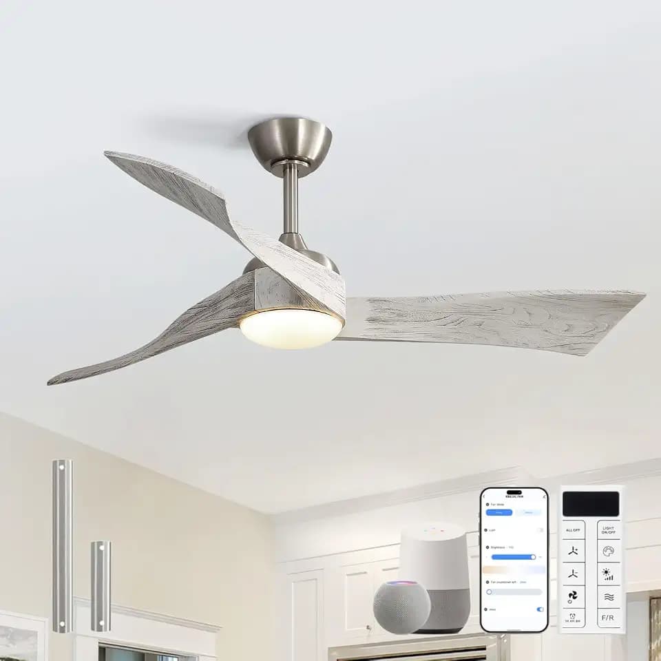 Sofucor 52 Inch Smart Ceiling Fans with Light-Modern Solid Wood Outdoor 3 Blades Ceiling Fan with Light Alexa/Google/APP/Remote Control for Bedroom Living Room, Quiet DC Motor, Brushed Nickel & Grey