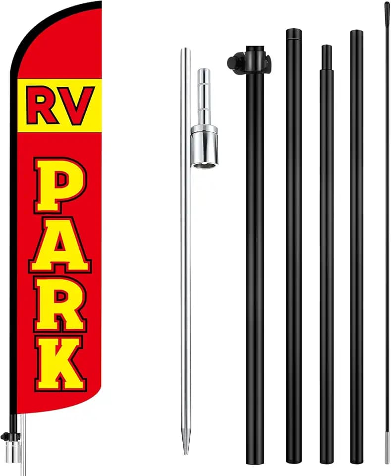 Tudomro 1 Set 15 FT RV Park Windless Feather Flag Kit - RV Parking Swooper Flag Banner Sign with Fiberglass Pole and Steel Ground Spike for Outdoor Campgrounds Parking Areas
