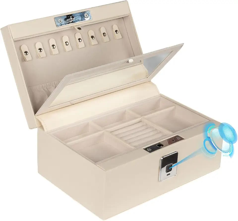 Jewelry Safe for Home, Steel-Reinforced Leather-Wrapped Luxury Jewelry Box with Biometric Fingerprint Lock & Mirror, 3-Tier Organizer with Travel Jewelry Case & Removable Storage Tray, White
