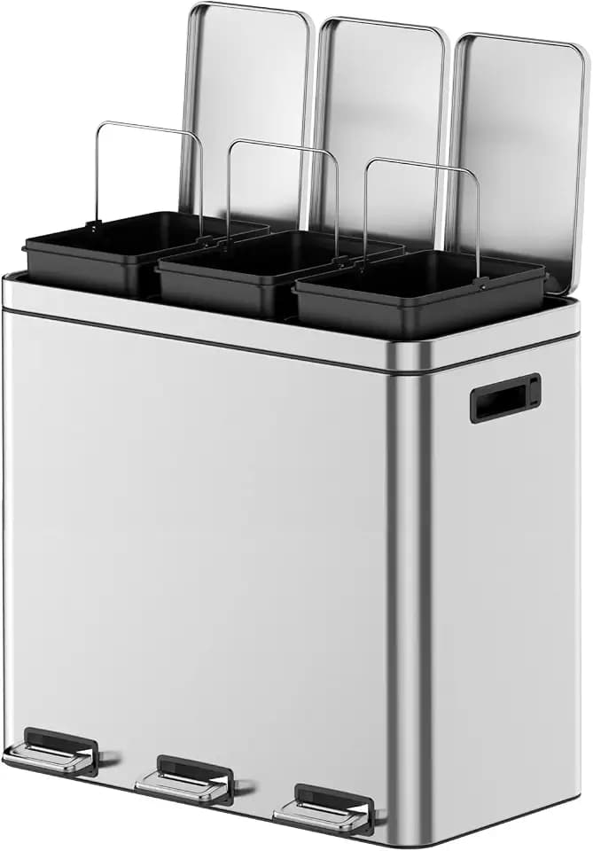 Takywep 3 x 5.3 Gallon Kitchen Trash Can, 3 Compartment Garbage Can, Stainless Steel Rubbish Bin with Soft-Close Lid and Removable Inner Wastebasket for Kitchen, Home Office