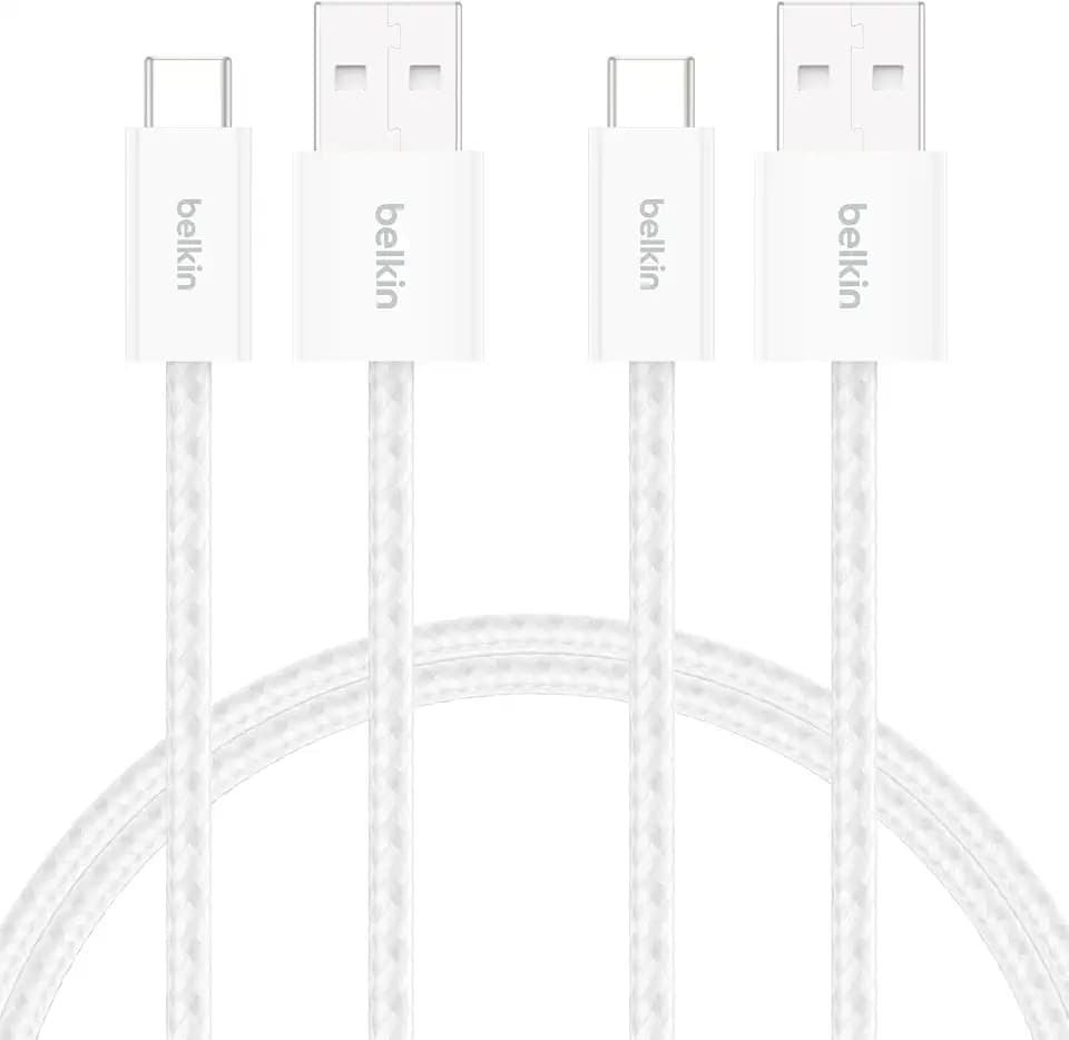 Belkin 2er-Pack geflochtenes USB-A auf USB-C Ladekabel, 1,5 m, 15W, biegsames, flexibles Schnellladekabel, USB-C kabel für iPhone 17 und 16, Galaxy S25, Pixel 10, iPad Pro usw. – Weiß