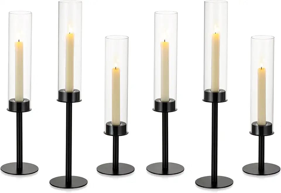NUPTIO Hurricane Glass Candle Holders: 6 Pcs Black Metal Candlestick Tapered Holder with Clear Chimney Covers Bottomless Tall Modern Taper Candles Stick Cylinder Stand for Halloween Fireplace Decor