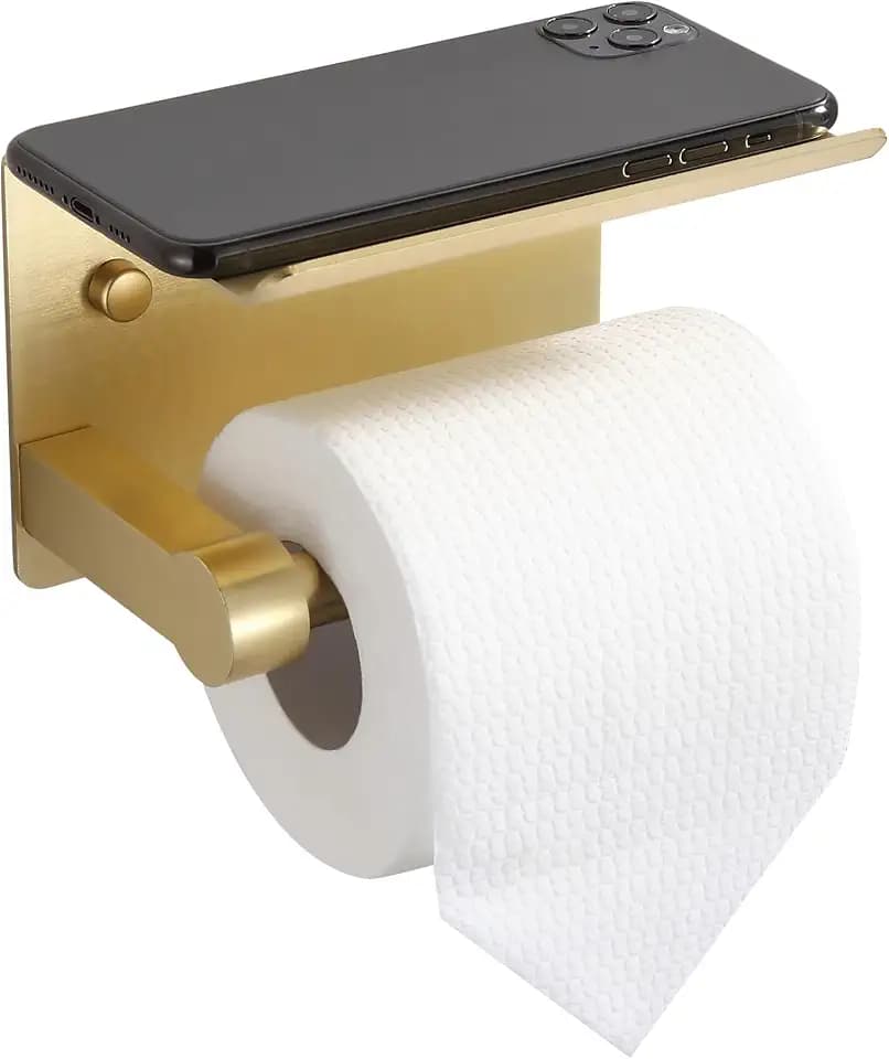 BGL Toilet Paper Holder with Shelf, Jumbo Roll Toilet Paper Holder for Large Rolls,Brushed Gold Adhesive Toilet Roll Holder for Bathroom,Renter Friendly Toilet Paper Holder