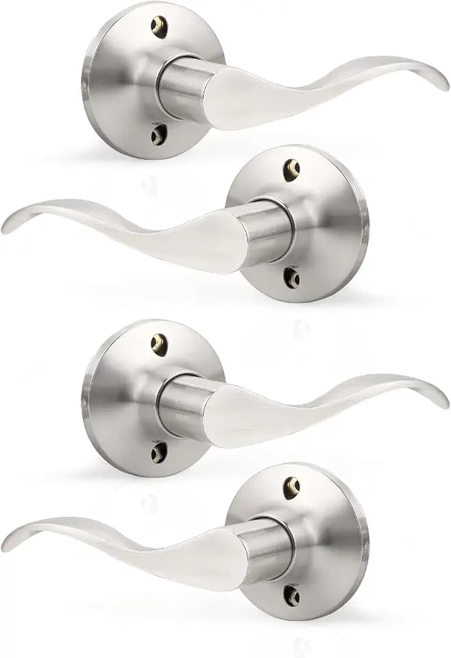GOBEKOR 2 Pair of Dummy Door Levers Brushed Nickel Interior Door Handle for Left Hand and Right Hand, Non-Turning Handle Pull for Closet French Doors, 4 Pack