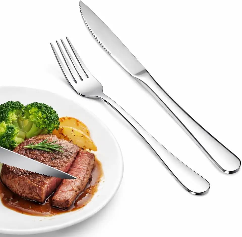 SANTUO Steak Knife and Dinner Fork Set, 24-Piece for 12, Stainless Steel, Mirror Polished, Serrated Blade, Dishwasher Safe