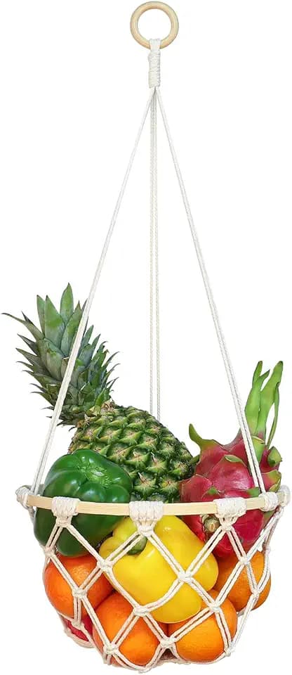 Single Tier Macrame Hanging Fruit Basket, Kitchen Food Storage with Hook