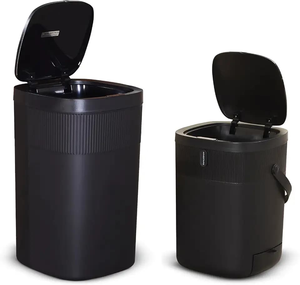 Ninestars 13.2 Gallon Automatic Trash Can, 50L + 12L Touchless Motion Sensor Garbage Can Set of 2 with Soft Close Lid, Liner Ring, Fingerprint Resistant Stainless Steel Kitchen and Bathroom, Black