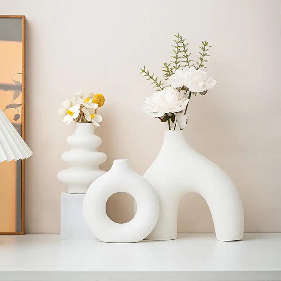 White Ceramic Vase Set of 3,Neutral Boho Nordic Minimalism Style Flower Vases for Living Room Wedding Table Party Office Bedroom