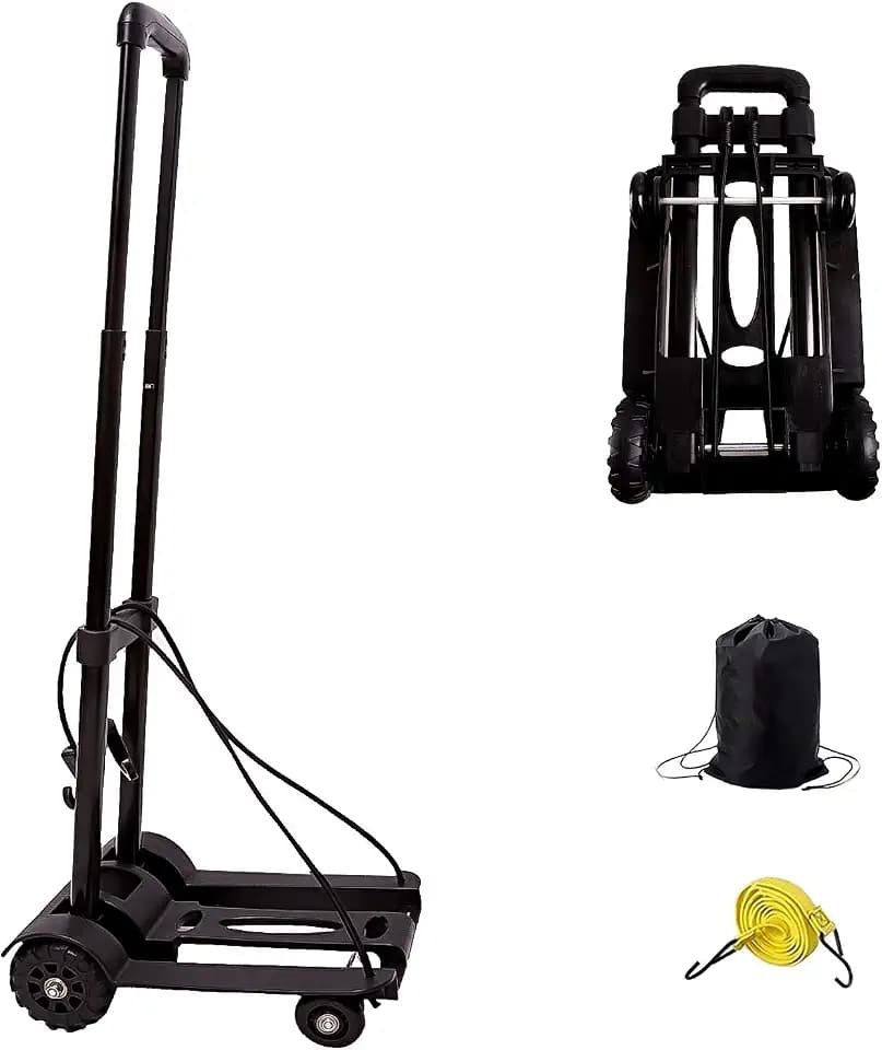 KINJOEK 40kg 88Lbs Folding Hand Truck Dolly, Foldable Luggage Cart for Luggage with 4 Wheels & Bungee Cord, Collapsible, Lightweight Compact Solid Construction Utility Cart for Travel, Black