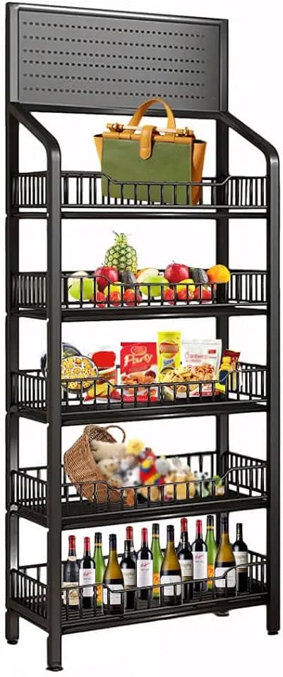 5 Tier Retail Display Racks, Snack Organizer Stand with Hooks and Wheels, Metal Wire Candy Potato Chip Display Rack for Store Supermarket Shelf, Home Kitchen, Black