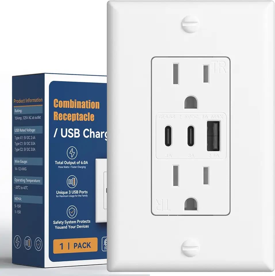 Amico 6.0A USB Outlet, 1 Pack, 15 Amp, 3-Port, 2 Type C & 1 Type A, White