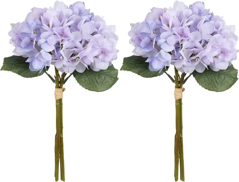 2 Bouquets Lavender Faux Hydrangea Flowers Realistic Fake Hydrangeas Artificial Silk Hydrangea Flowers with Stems for Wedding Party Home Table Floral Arrangement (Lavender)