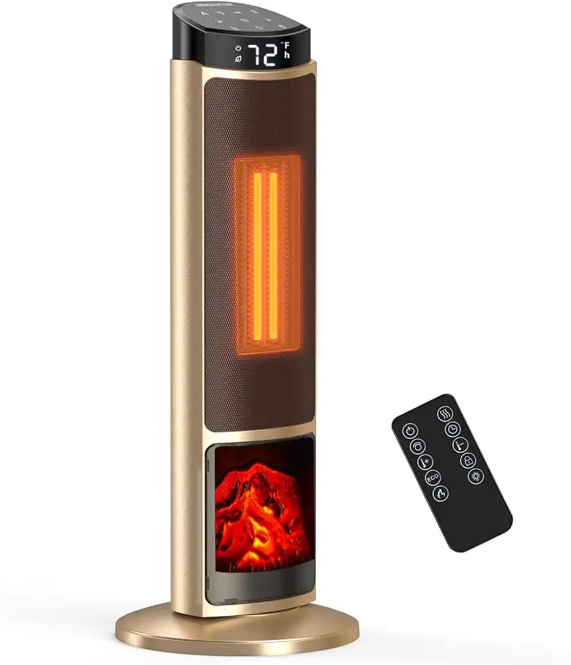 Sweetcrispy Space Heater for Indoor Use, 23Inch Portable Heater with Remote and Thermostat,7 Light Modes, 70°Oscillation, 12H Timer, Up to 95°F, Tip-over Protection,Gold