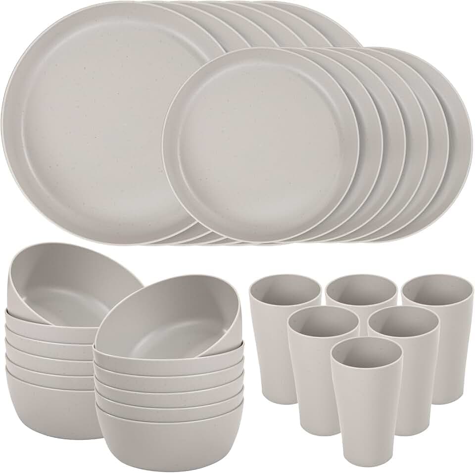 EjonirInjonir 24Pcs Shatterproof Wheat Straw Dinnerware Sets for 6 Home