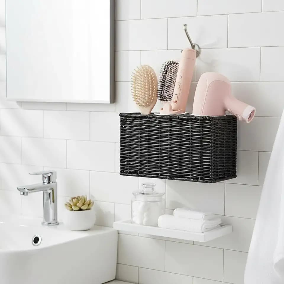 Hair Tool Organizer,Wall Mount Curling Iron Holder,Waterproof Wicker Hot Tools Organizer for Hair Dryer,Flat Irons,Curling Wands,Straighteners Storage,in Cabinet,Bathroom,Vanity (Black)