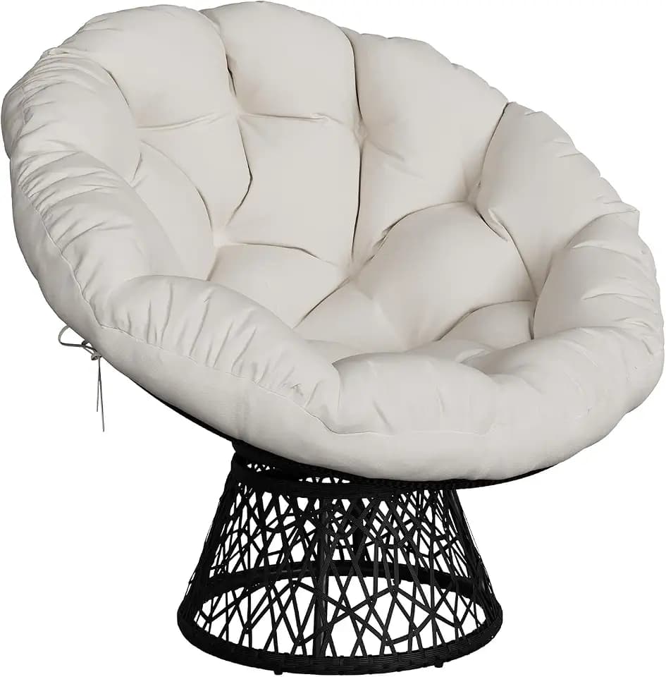 Garvee Papasan Chair, 40" Ergonomic Wicker Papasan Chair with Extra-Thick Soft Fabric Cushion, Heavy-Duty Steel Frame, 360° Swivel Base for Living Room, Bedroom & Reading Nook – White - Black Stand