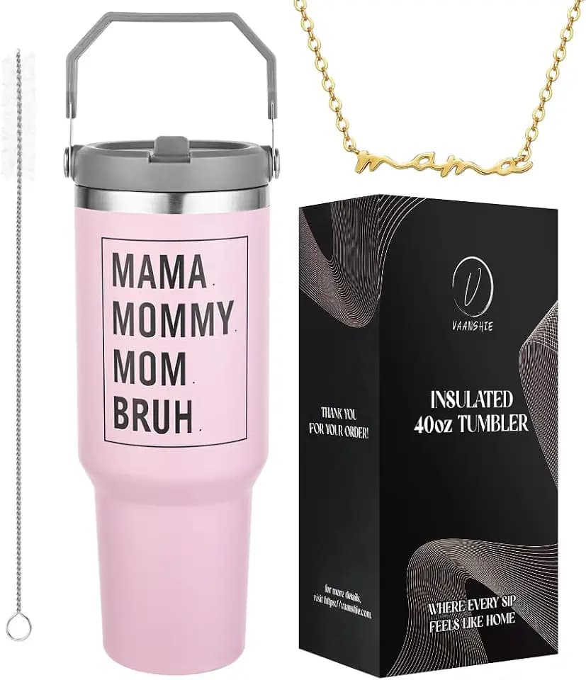 Mothers Day Gifts, Mama Tumbler 40oz with Handle & Straw - Mama Mommy Mom Bruh Cup, Birthday Gift from Daughter Son, Insulated Stainless Steel Coffee Tumbler for Women