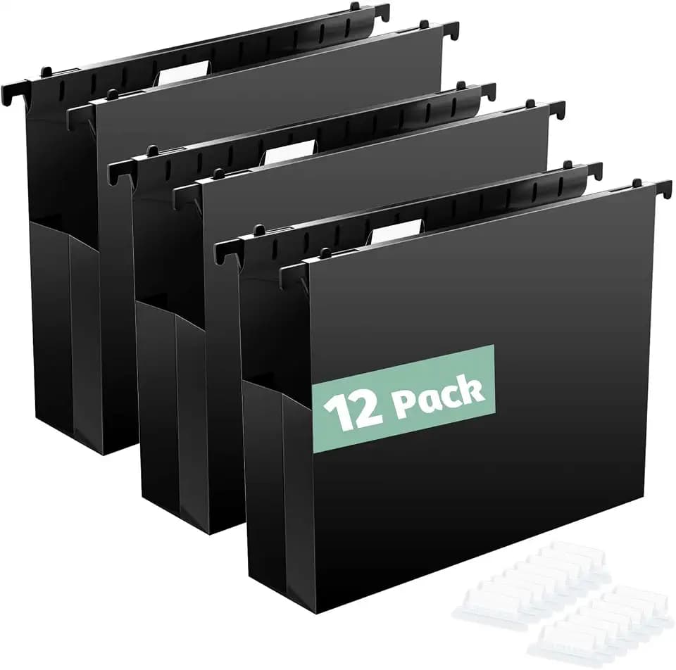 SHUTEX Extra Capacity Plastic Hanging File Folders, 12 Pack, Letter, Black