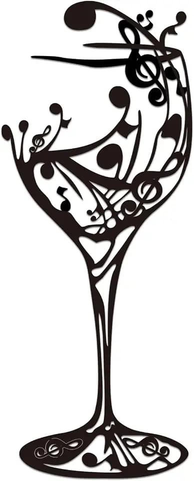 Oubasa Black Metal Wall Art for Kitchen - A Glass of Dancing Notes, Wine Decor for Dinning Room, Bar Metal Sign, 5.7 x 14.2inches
