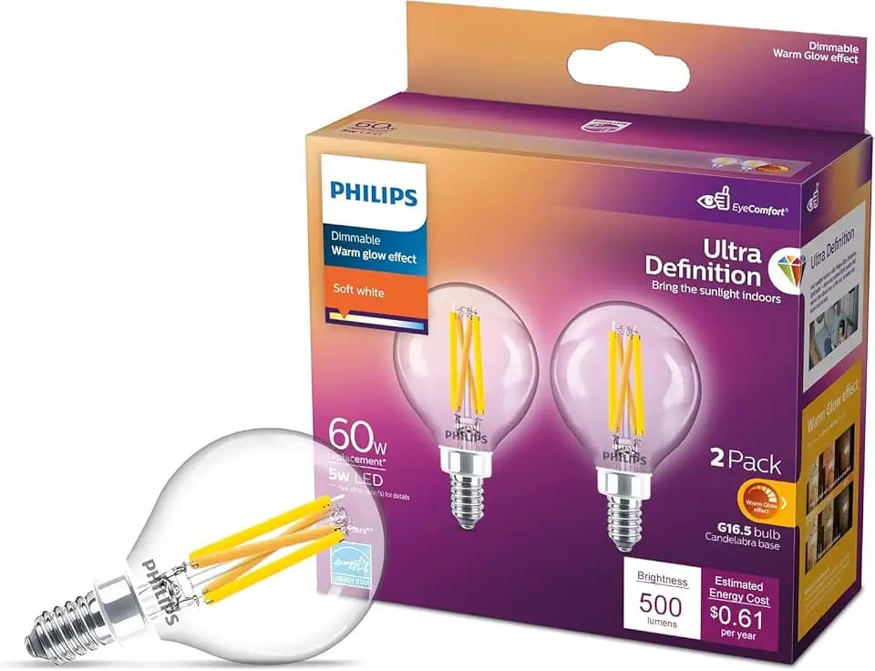 PHILIPS LED 60W G16.5 2-Pack Ultra Definition Soft White (2700K) 500 Lumen (5W = 60W) Dimmable Clear Flicker-Free Light Bulbs