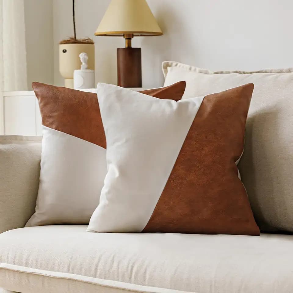 GEGELICA Brown Faux Leather Patchwork White Canvas Throw Pillow Covers